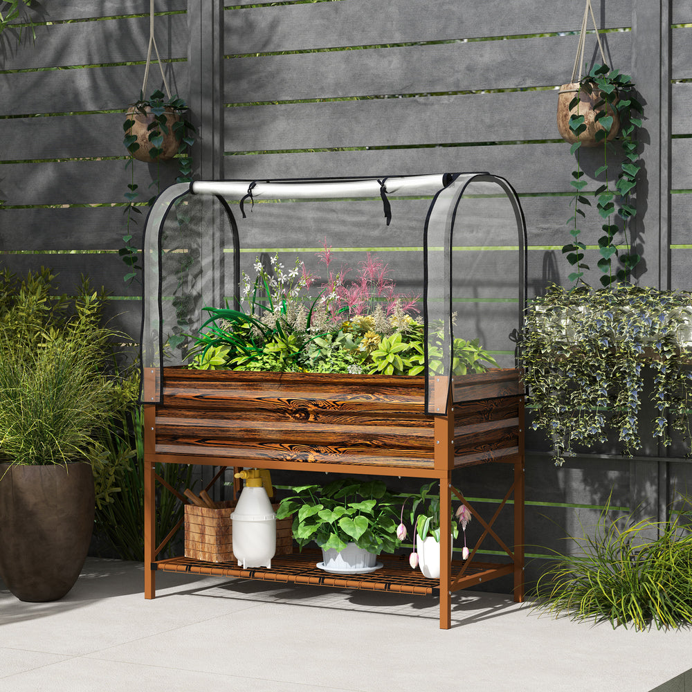 Raised planter with lid, lower shelf and liner, dark brown wood effect