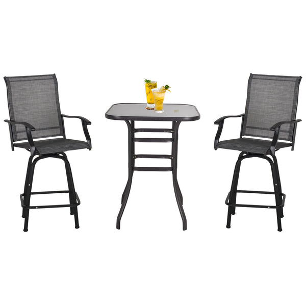 3-Piece Outdoor Bar Set, 2 Swivel Stools and 1 Bar Table, Gray