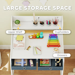 Table and chair set with storage shelf and drawers, white