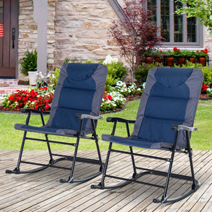 Set of 2 folding upholstered rocking chairs with armrests, navy blue