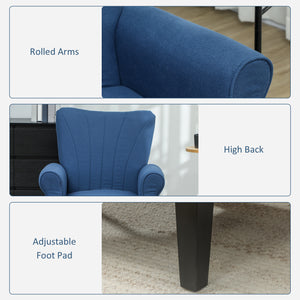 Modern fabric accent chair with wooden legs, dark blue