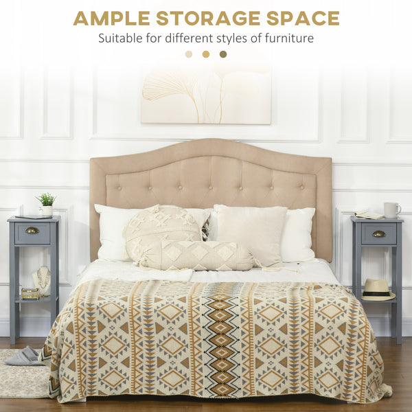 Set of 2 narrow bedside tables with drawer and shelf, gray