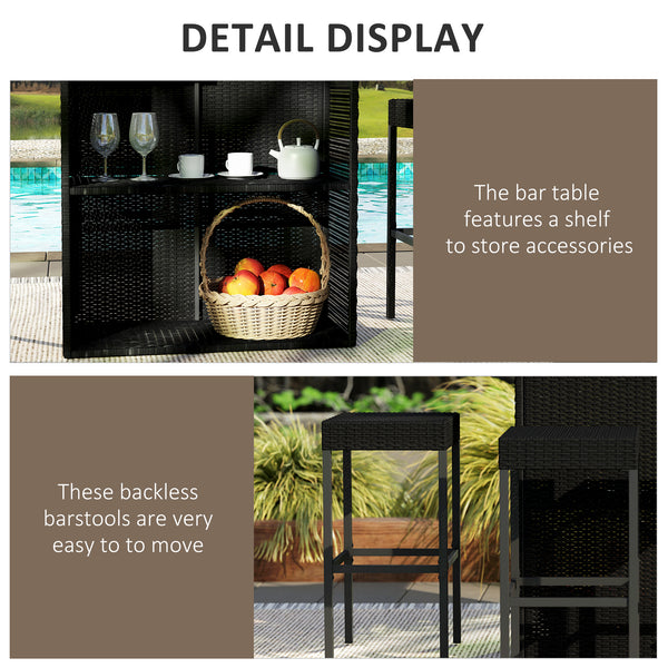 5-Piece Patio Bar Set, Synthetic Rattan Table and High Chairs, with Tempered Glass Top, Black