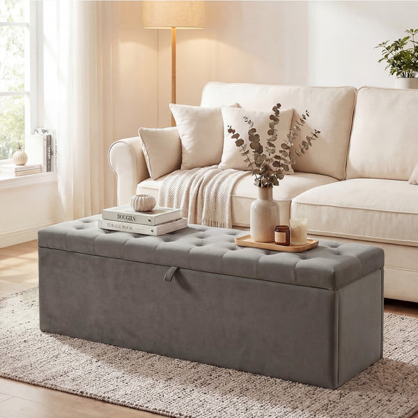 141 L storage ottoman bench, tufted velvet seat and lift-top lid – Gray