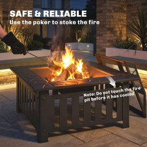 Outdoor Fire Pit with Poker, Square Steel Wood Burning Fire Pit with Mesh Cover, Fireplaces, Black