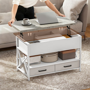 Lift-top coffee table with double adjustable surface, hidden storage, and 2 drawers – White and cement gray