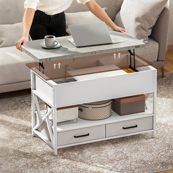 Lift-top coffee table with double adjustable surface, hidden storage, and 2 drawers – White and cement gray