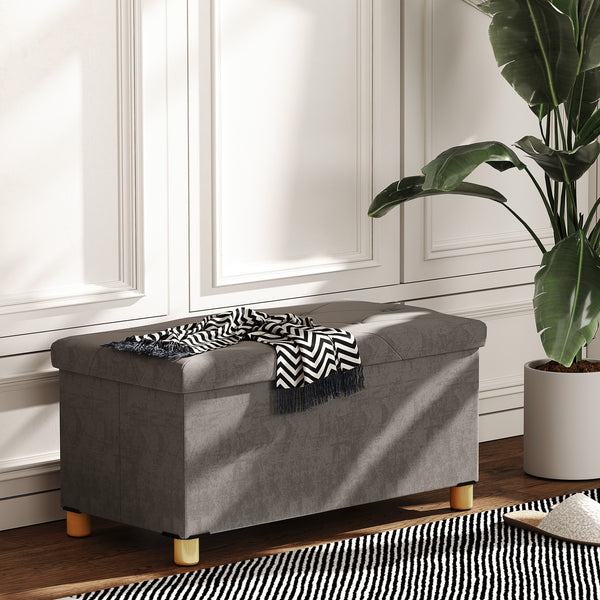 Velvet Upholstered Storage Bench with Wooden Legs, Grey