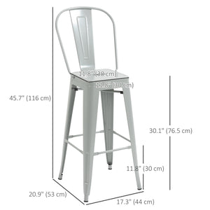 Set of 4 industrial-style metal bar stools, silver grey