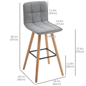 Set of 2 modern bar stools with solid wood legs, grey