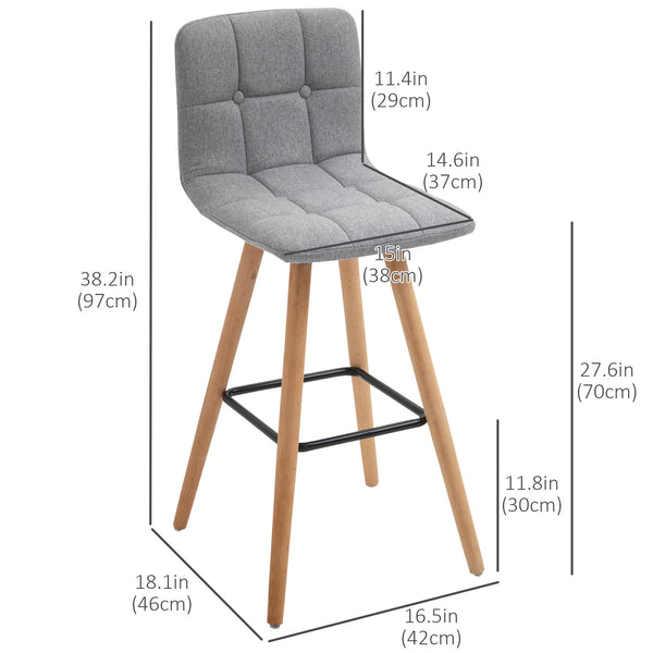 Set of 2 modern bar stools with solid wood legs, grey