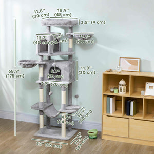 69-inch Multi-Level Cat Tree with 2 Condos, Plush Perch and Scratching Posts, Light Gray