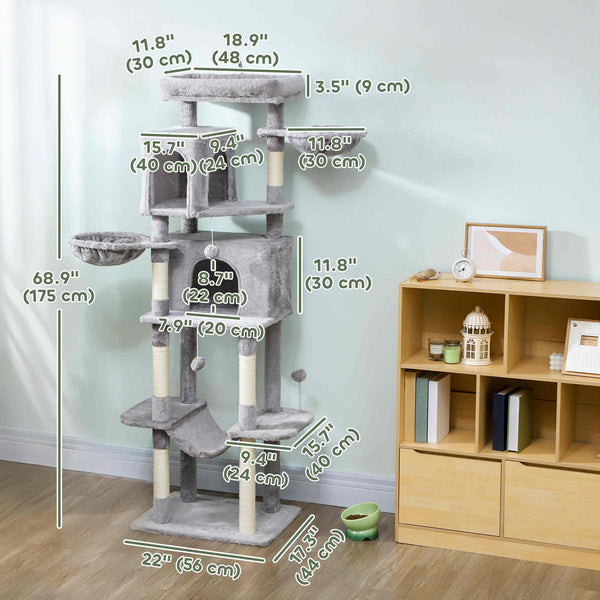 69-inch Multi-Level Cat Tree with 2 Condos, Plush Perch and Scratching Posts, Light Gray