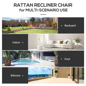 Outdoor reclining rattan chair with white cushion