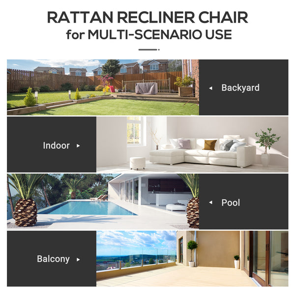 Outdoor reclining rattan chair with white cushion