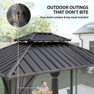 Gazebo with rigid roof 10 x 12 with double roof in galvanized steel, aluminum frame, dark grey