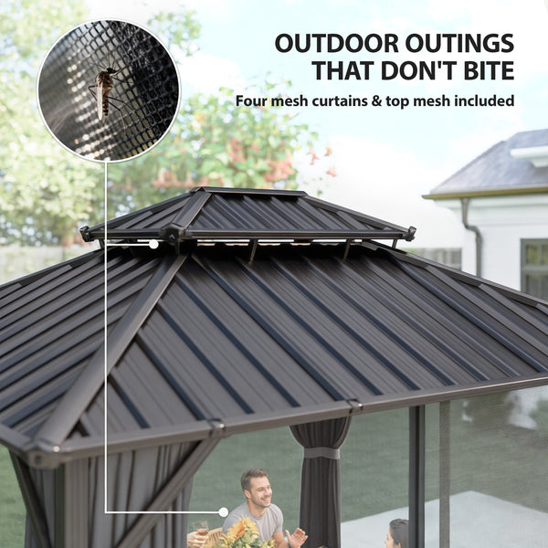 Gazebo with rigid roof 10 x 12 with double roof in galvanized steel, aluminum frame, dark grey