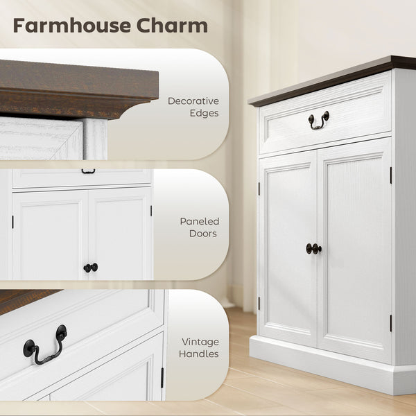 Farmhouse style buffet, thick top, soft-close drawer and adjustable shelf, white wood finish.
