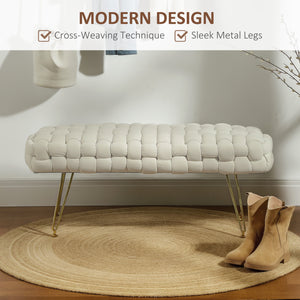 Velvet upholstered bed bench with gold metal legs, cream white
