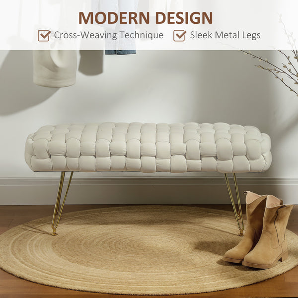 Velvet upholstered bed bench with gold metal legs, cream white