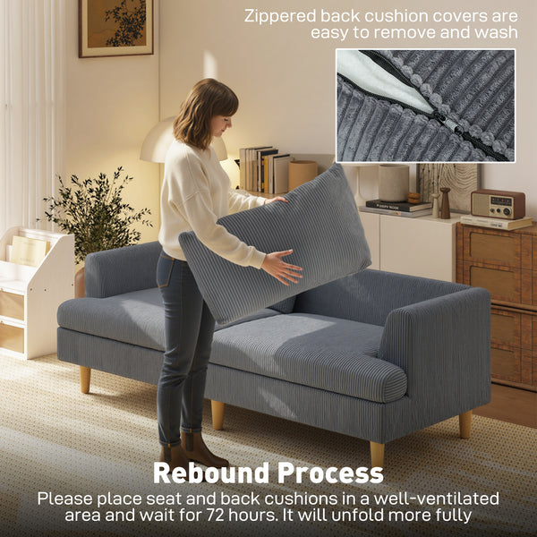 Modern 3-seater corduroy sofa with solid wood legs, dark grey