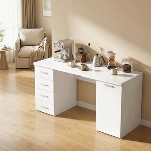 Computer desk with adjustable shelf, drawers and cabinet, white wood look.