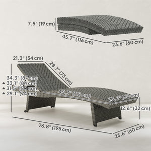 Folding wicker chaise lounge with 4-position adjustable backrest, grey