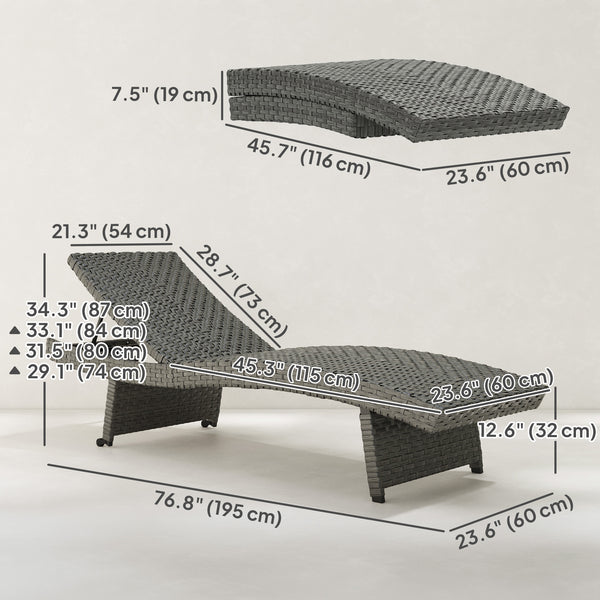 Folding wicker chaise lounge with 4-position adjustable backrest, grey