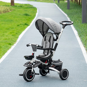 6-in-1 Folding Tricycle with Adjustable Seat, Safety Harness, Removable Canopy, Grey