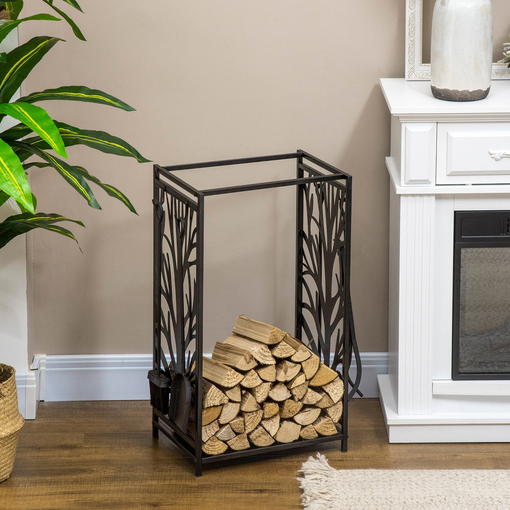 Log rack with tree motifs and 4 tools