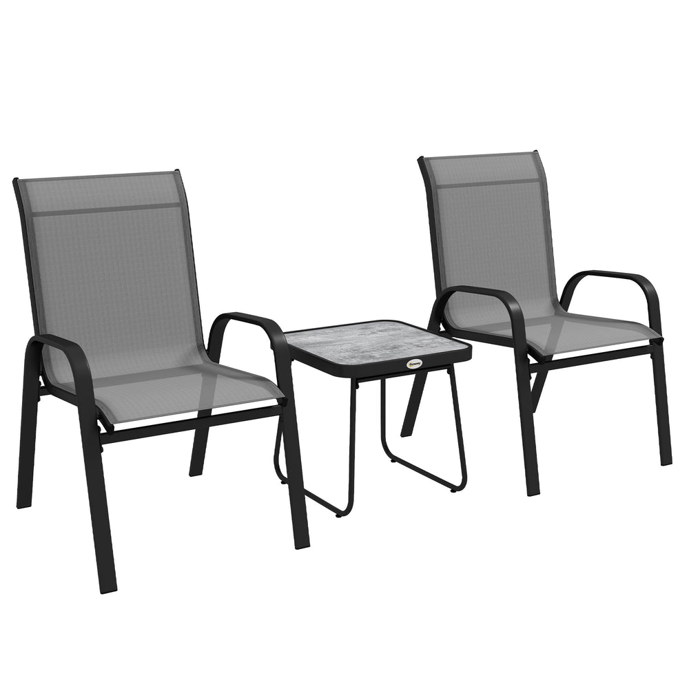 Ensemble de patio 3 pièces gris clair avec tissu en maille respirante, chaises empilables et table carrée, parfait pour extérieur