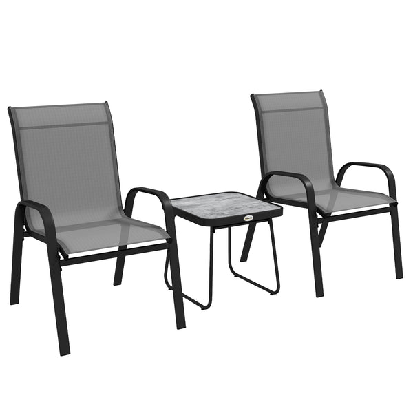 3-Piece Patio Set with Breathable Mesh Fabric, Stacking Chairs and Square Table, Light Gray