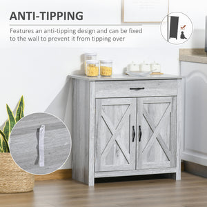 Farmhouse style buffet with barn-style sliding doors, distressed gray finish