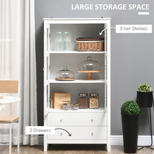 Storage unit with 3-tier shelves, 2 drawers and glass doors, white