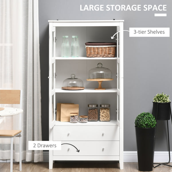 Storage unit with 3-tier shelves, 2 drawers and glass doors, white