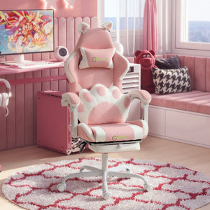 Gaming chair with cat ears and footrest, pink