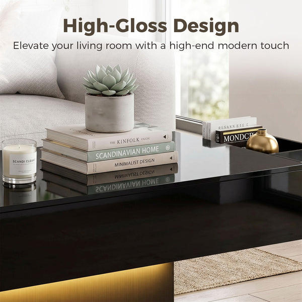 Modern coffee table with RGB LED lighting, 2 hidden drawers and high-gloss finish – Black