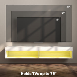 Modern wall-mounted TV unit with storage and LED lighting for TVs up to 75 inches, white