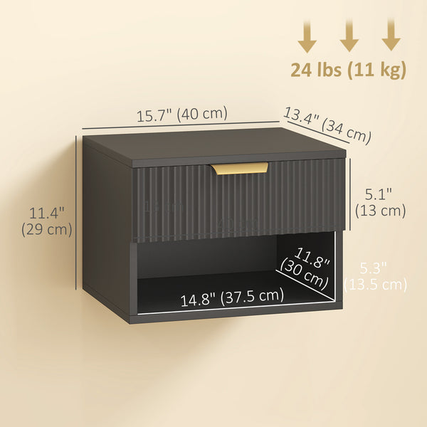 Set of 2 wall-mounted bedside tables with drawer and open shelf, black