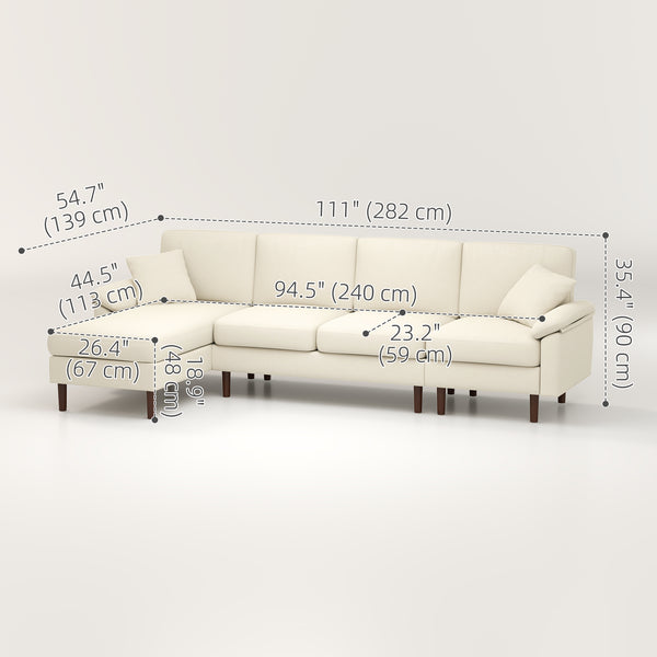 Modern L-shaped sectional sofa with removable chaise, cushions and wooden legs, cream white