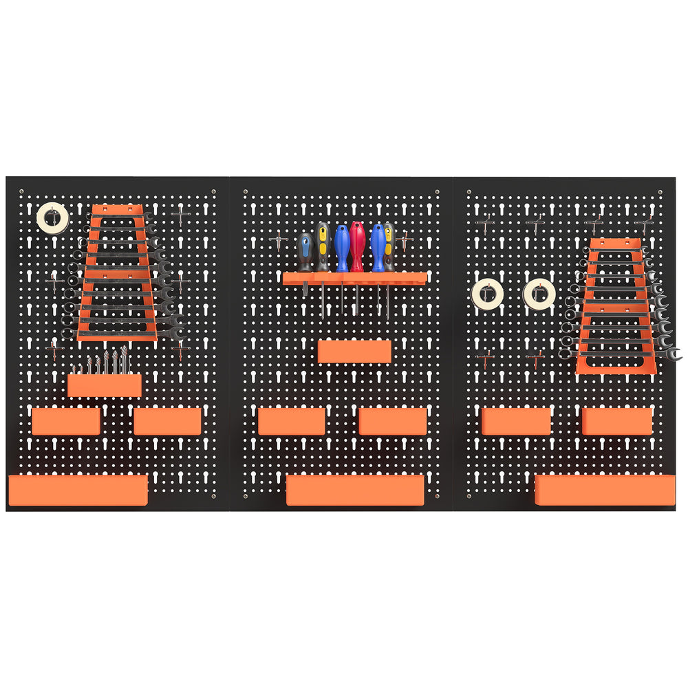 Wall-mounted tool organizer with 3 panels, 9 bins, 5 holders, and 16 hooks – Black and orange