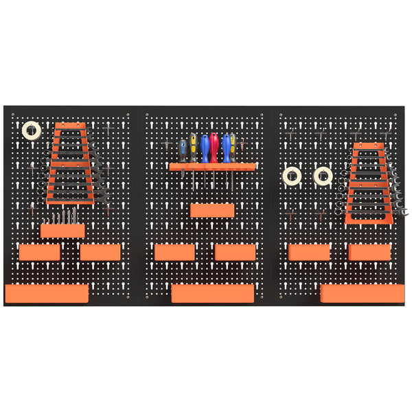 Wall-mounted tool organizer with 3 panels, 9 bins, 5 holders, and 16 hooks – Black and orange