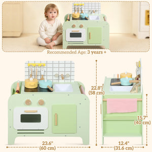 Children's kitchen with 15 accessories, microwave oven, cupboards, green
