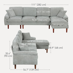 Modern sectional sofa with removable chaise, cushions and wooden legs, gray