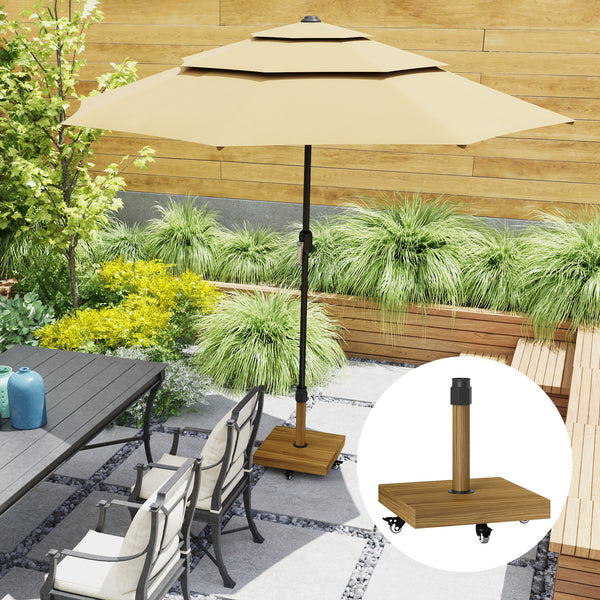 Outdoor parasol base with wheels, sturdy, natural wood