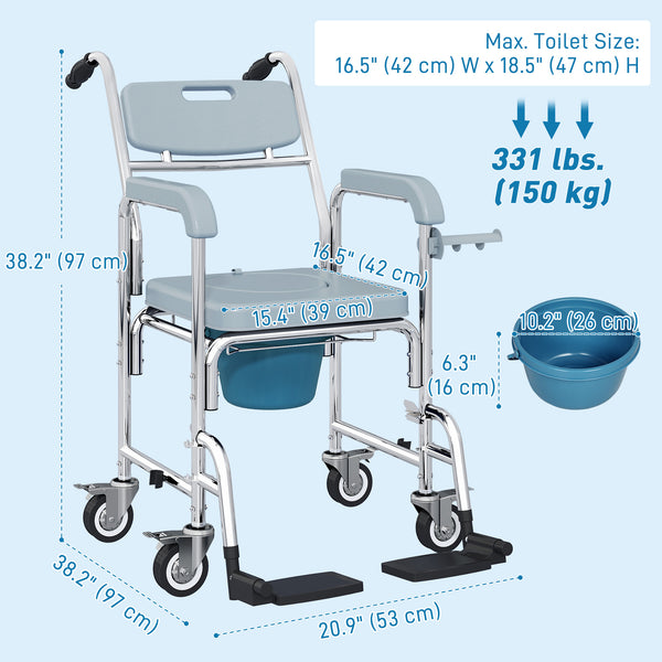 4-in-1 multifunctional commode and shower chair with wheels and footrest – Gray and silver