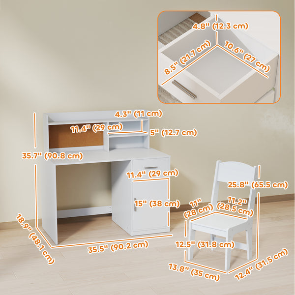Desk and chair set with storage, drawer, cabinet, compartments and cork board