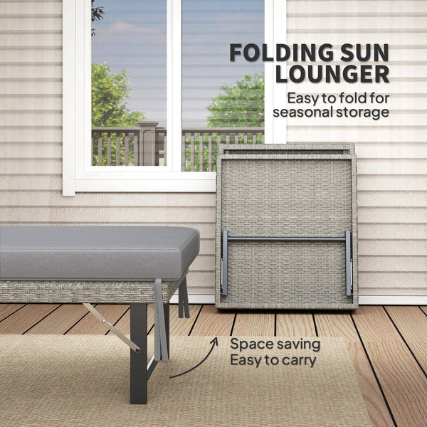 Folding Outdoor Lounge Chair, Wicker Chaise Lounge Tanning Chair with Cushion for Beach, Poolside, Garden, Grey