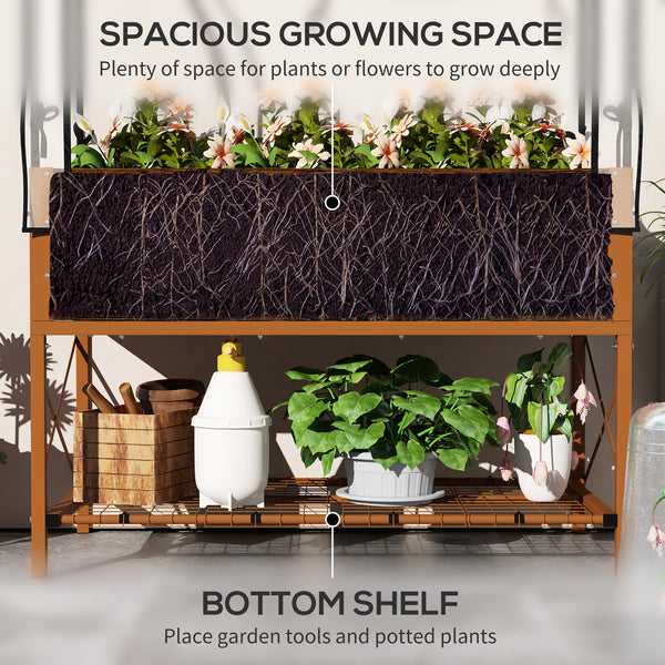 Raised planter with lid, lower shelf and liner, dark brown wood effect