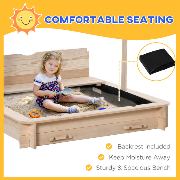 Wooden sandbox with adjustable canopy and convertible bench
